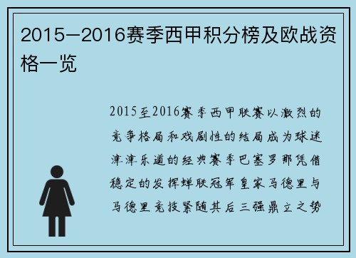 2015–2016赛季西甲积分榜及欧战资格一览